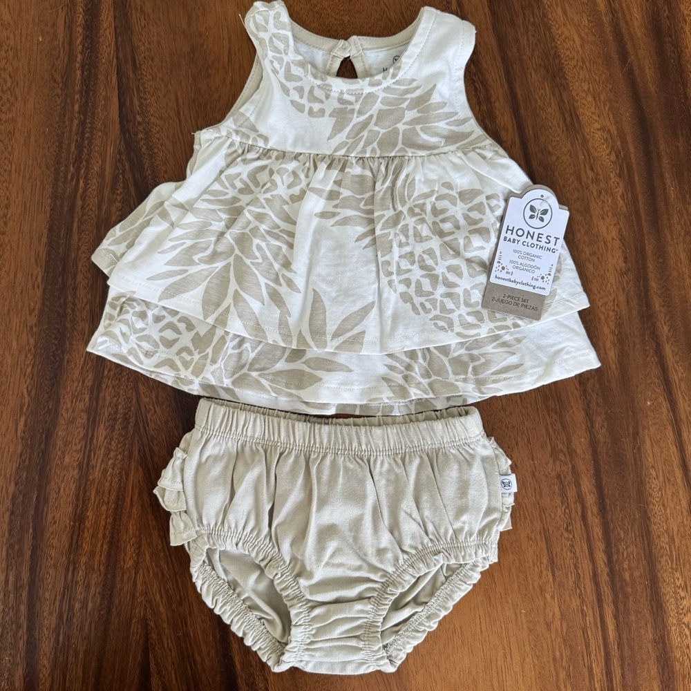 NWT Honest Baby Pineapple Ruffle Boho Beach Top Bloomer 100% Organic Cotton 6-9M